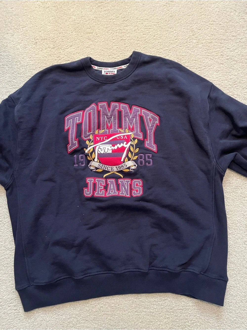 Tommy Hilfiger Navy Crewneck Sweatshirt with Red and Gold Crest